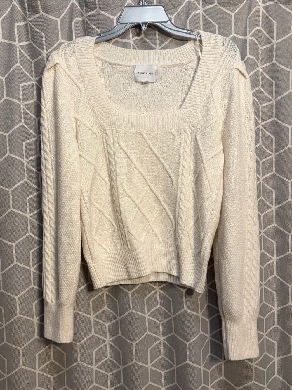 Pink Rose Cream Cable Square-Neck Knit Sweater